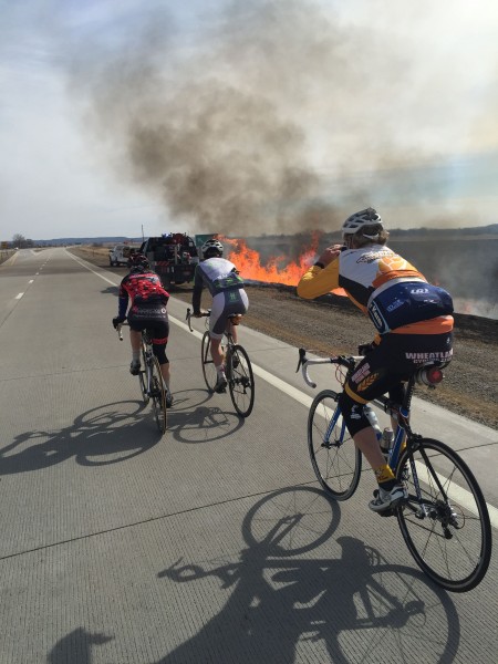 Burning the ditches while riding to the race.
