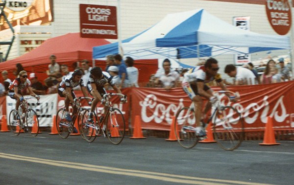 This is a picture of the Reno Criterium, probably 6-8 laps in.  Hinault had pulled the whole time, close to 30 mph.  I'm looking back, with Roy on my wheel.  It was pretty fun.