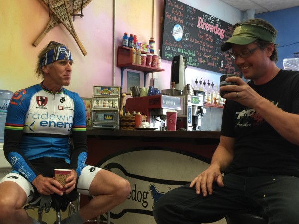 Pete Taylor and me having a coffee in his shop.