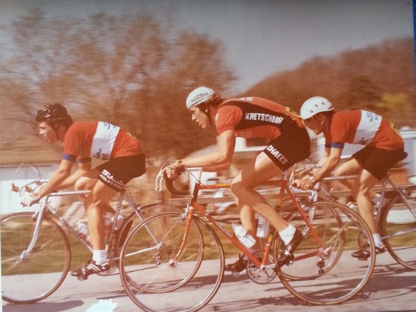 A woman, from way back in the day, Janet Friedrich, brought me this picture to the race to sign.  It is of the Tour of Kansas City, probably form 1979.  In front of me is Jeff Pierce, stage winner of the Tour de France in 1987.