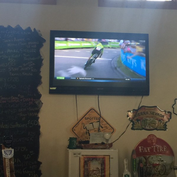 Watching the Tour at the Rivers Eatery.