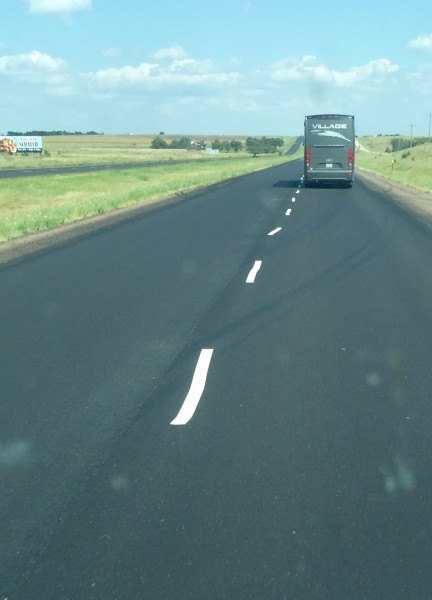 There was new asphalt on I-70 in Kansas. Some infant or completely inept person, put the temporary lines on the road. This wasn't even the worst of it. It was like this for miles upon miles.