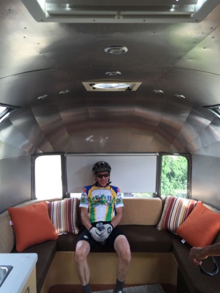 Kent sitting in Brad's Airstream. We stopped at the end of the ride to check it out. It is beautiful inside.