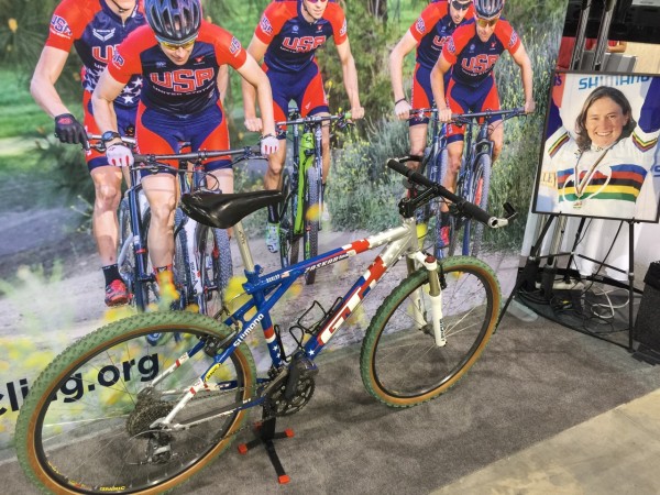 The USA Cycling booth in the Fan Fest has Allison Dunlap's bike displayed. I liked that.
