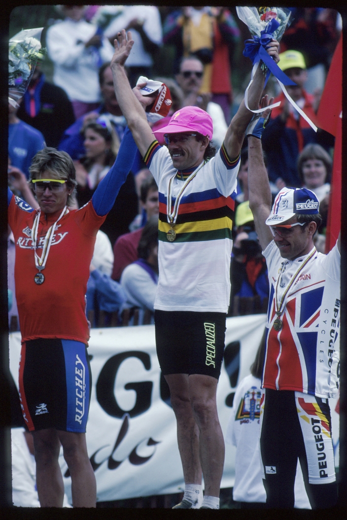 The podium from the 1990 Worlds.  Thomas Frischnecht, Ned and Tim Gould.  