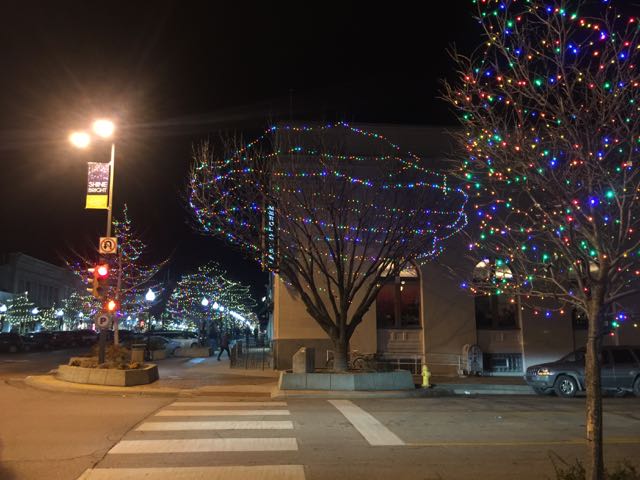 Downtown Lawrence at night.