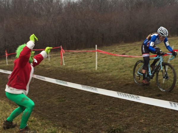 The Grinch was all over the course. He's cheering Katie Compton here at the top of Mt. Krumpet.