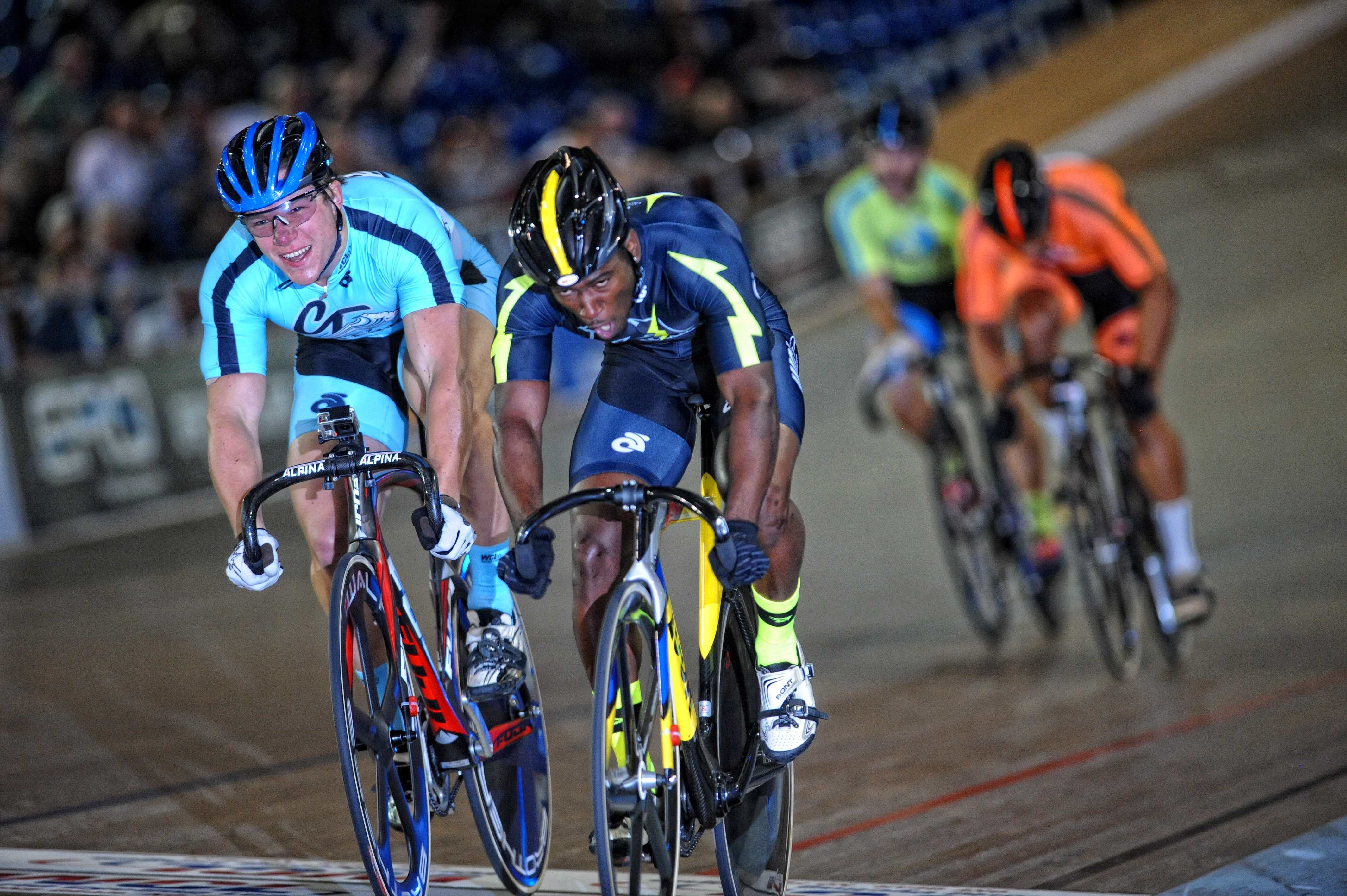 Trinidad’s Kwesi Browne of the winning PA Lightning outsprints Britain’s Matthew Rotherham of Connecticut Nor’Easter in the 500 meter sprint of Saturday night’s World Cycling League launch.