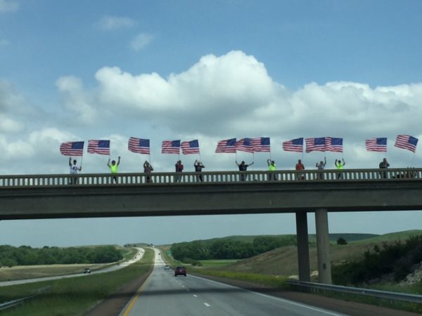 Every overpass on the way home, it was like this.  We tried to look it up and all we could come up with it that is was Armed Forces Day.  I'm not exactly sure what that is, but there are lots of supporters here in Kansas.