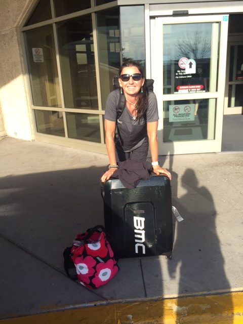 Trudi at the Kansas City airport. She flew out to Santa Rosa to get a team car to drive to Tour of Utah.