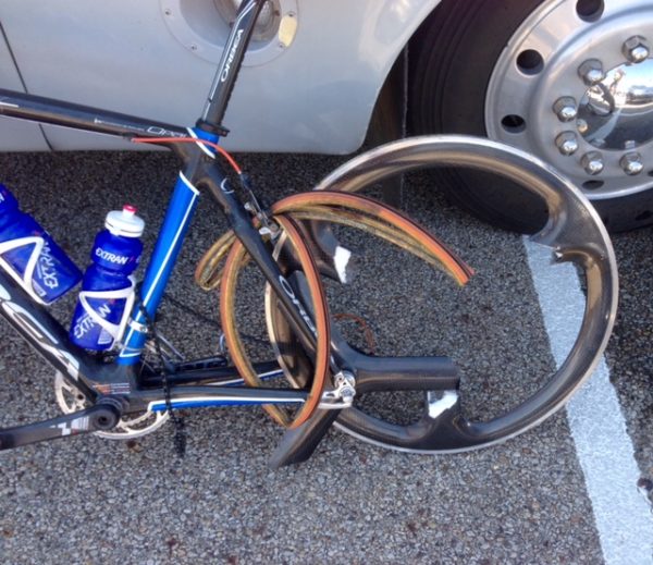 Kris' bike after he landed on his rear wheel badly.That trispoke is pretty much toast, huh?